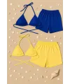 ieg™ Kadın Sarı ve Mavi Şortlu Belden ve Boyundan Bağlamalı Bikini Takımı