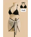 ieg™ Kadın Siyah Beyaz Pareolu Yandan ve Boyundan Bağlamalı 3lü Bikini Takımı