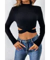 ieg™ Kadın Siyah Çapraz Bel Detaylı Dik Yaka Uzun Kol Crop Top Bluz