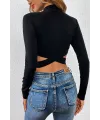 ieg™ Kadın Siyah Çapraz Bel Detaylı Dik Yaka Uzun Kol Crop Top Bluz