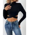 ieg™ Kadın Siyah Çapraz Bel Detaylı Dik Yaka Uzun Kol Crop Top Bluz