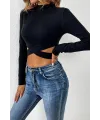 ieg™ Kadın Siyah Çapraz Bel Detaylı Dik Yaka Uzun Kol Crop Top Bluz