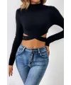 ieg™ Kadın Siyah Çapraz Bel Detaylı Dik Yaka Uzun Kol Crop Top Bluz