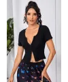 ieg™ Kadın Siyah Çift Fermuarlı Yarım Kol Crop Top Bluz