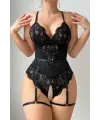 ieg™ Kadın Siyah Dantel Jartiyerli Bodysuit Gecelik - Kemer Detaylı