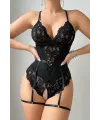 ieg™ Kadın Siyah Dantel Jartiyerli Bodysuit Gecelik - Kemer Detaylı