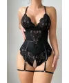 ieg™ Kadın Siyah Dantel Jartiyerli Bodysuit Gecelik - Kemer Detaylı
