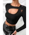 ieg™ Kadın Siyah Göğüs Dekolteli Çapraz Askılı Uzun Kollu Crop Top Bluz