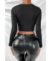 ieg™ Kadın Siyah Göğüs Dekolteli Çapraz Askılı Uzun Kollu Crop Top Bluz