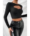 ieg™ Kadın Siyah Göğüs Dekolteli Çapraz Askılı Uzun Kollu Crop Top Bluz