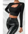 ieg™ Kadın Siyah Göğüs Dekolteli Çapraz Askılı Uzun Kollu Crop Top Bluz