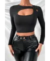 ieg™ Kadın Siyah Göğüs Dekolteli Çapraz Askılı Uzun Kollu Crop Top Bluz