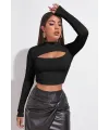 ieg™ Kadın Siyah Göğüs Dekolteli Uzun Kollu Cut Out Crop Top Bluz