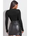ieg™ Kadın Siyah Göğüs Dekolteli Uzun Kollu Cut Out Crop Top Bluz