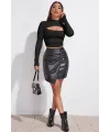 ieg™ Kadın Siyah Göğüs Dekolteli Uzun Kollu Cut Out Crop Top Bluz