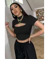 ieg™ Kadın Siyah Göğüs Dekolteli Yarım Kollu Cut Out Crop Top Bluz