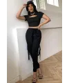 ieg™ Kadın Siyah Göğüs Dekolteli Yarım Kollu Cut Out Crop Top Bluz