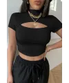 ieg™ Kadın Siyah Göğüs Dekolteli Yarım Kollu Cut Out Crop Top Bluz