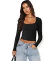 ieg™ Kadın Siyah Kare Yaka Dantelli Uzun Kollu Crop Top Bluz