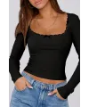 ieg™ Kadın Siyah Kare Yaka Dantelli Uzun Kollu Crop Top Bluz