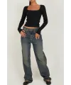 ieg™ Kadın Siyah Kare Yaka Dantelli Uzun Kollu Crop Top Bluz