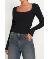 ieg™ Kadın Siyah Kare Yaka Dantelli Uzun Kollu Crop Top Bluz