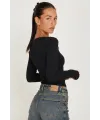 ieg™ Kadın Siyah Kare Yaka Dantelli Uzun Kollu Crop Top Bluz