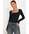 ieg™ Kadın Siyah Kare Yaka Dantelli Uzun Kollu Crop Top Bluz