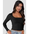 ieg™ Kadın Siyah Kare Yaka Dantelli Uzun Kollu Crop Top Bluz