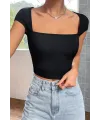 ieg™ Kadın Siyah Kare Yaka Yarım Kol Göğüs Dekolteli Crop Top Bluz
