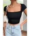 ieg™ Kadın Siyah Kare Yaka Yarım Kol Göğüs Dekolteli Crop Top Bluz