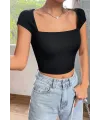 ieg™ Kadın Siyah Kare Yaka Yarım Kol Göğüs Dekolteli Crop Top Bluz