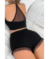 ieg™  Kadın Siyah Kaşkorse Sırt ve Bacak Kısmı Puantiyeli Şortlu Gecelik Takım