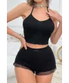 ieg™  Kadın Siyah Kaşkorse Sırt ve Bacak Kısmı Puantiyeli Şortlu Gecelik Takım