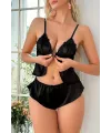 ieg™ Kadın Siyah Önü Klips, Göğsü Dantel Detaylı Mini Şortlu Takım
