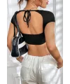 ieg™ Kadın Siyah Sırt Dekolteli ve Boyundan Bağlamalı Yarım Kol Crop Top Bluz