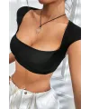 ieg™ Kadın Siyah Sırt Dekolteli ve Boyundan Bağlamalı Yarım Kol Crop Top Bluz