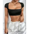 ieg™ Kadın Siyah Sırt Dekolteli ve Boyundan Bağlamalı Yarım Kol Crop Top Bluz