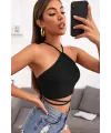 ieg™ Kadın Siyah Sırtı Açık Boyundan Çapraz Bağlamalı Crop Top Bluz