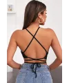ieg™ Kadın Siyah Sırtı Açık Boyundan Çapraz Bağlamalı Crop Top Bluz