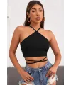 ieg™ Kadın Siyah Sırtı Açık Boyundan Çapraz Bağlamalı Crop Top Bluz