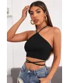 ieg™ Kadın Siyah Sırtı Açık Boyundan Çapraz Bağlamalı Crop Top Bluz
