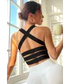ieg™ Kadın Siyah Sırtı Çapraz Lastik Detaylı Crop Top Bluz