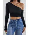 ieg™ Kadın Siyah Tek Omuz Detaylı Uzun Kol Crop Top Bluz