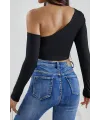 ieg™ Kadın Siyah Tek Omuz Detaylı Uzun Kol Crop Top Bluz