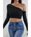 ieg™ Kadın Siyah Tek Omuz Detaylı Uzun Kol Crop Top Bluz