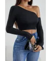 ieg™ Kadın Siyah Tek Omuz Detaylı Uzun Kol Crop Top Bluz