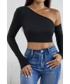 ieg™ Kadın Siyah Tek Omuz Detaylı Uzun Kol Crop Top Bluz