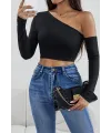 ieg™ Kadın Siyah Tek Omuz Detaylı Uzun Kol Crop Top Bluz
