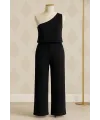 ieg™ Kadın Siyah Tek Omuzlu Şık Bluz & Geniş Paça Pantolon İkili Takım